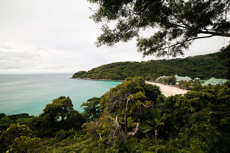 Discover the tranquil beauty of a lush, tropical coastline in Phuket, Thailand, perfect for a serene escape.